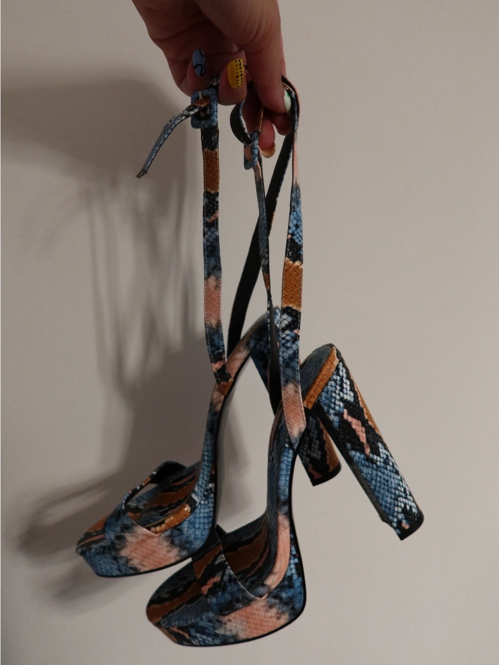 Snake-Print Blue & Tan High Heel Sandals